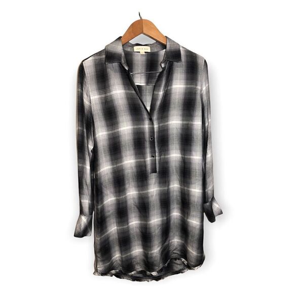 Cloth and Stone Plaid Shirt Dress XS Long Sleeve Popover Raw Hem‎ Black White - Picture 1 of 4
